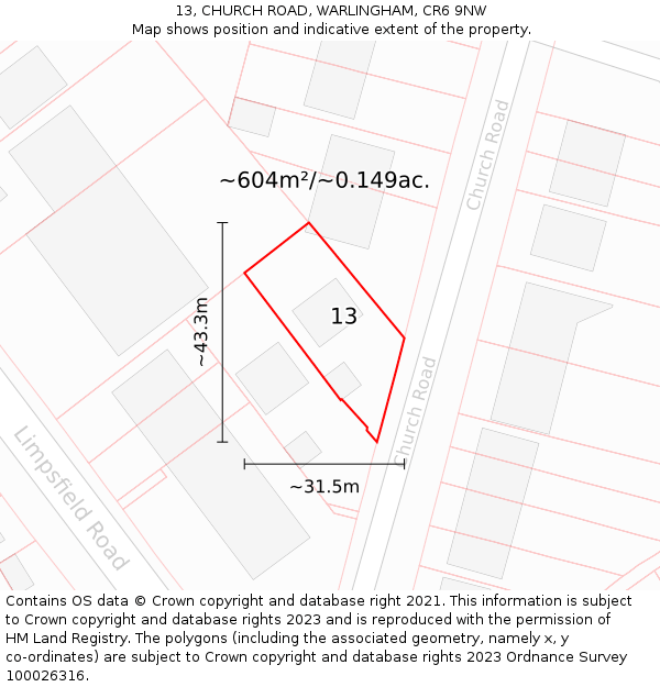 13, CHURCH ROAD, WARLINGHAM, CR6 9NW: Plot and title map