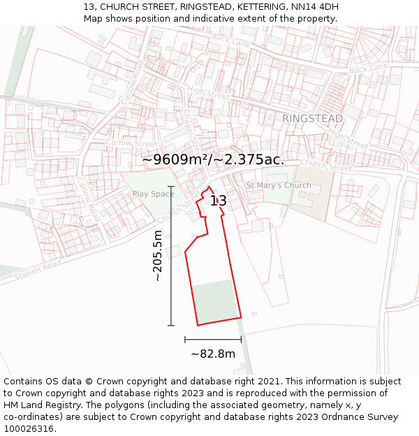 13, CHURCH STREET, RINGSTEAD, KETTERING, NN14 4DH: Plot and title map