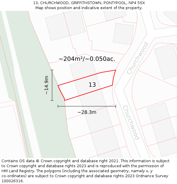 13, CHURCHWOOD, GRIFFITHSTOWN, PONTYPOOL, NP4 5SX: Plot and title map