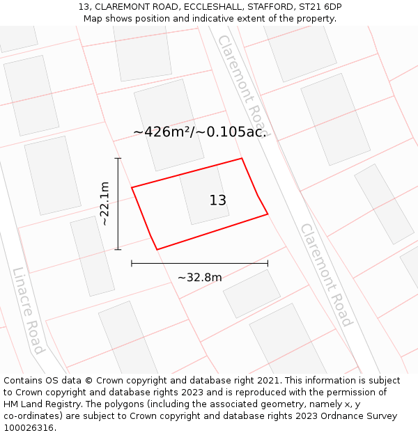 13, CLAREMONT ROAD, ECCLESHALL, STAFFORD, ST21 6DP: Plot and title map