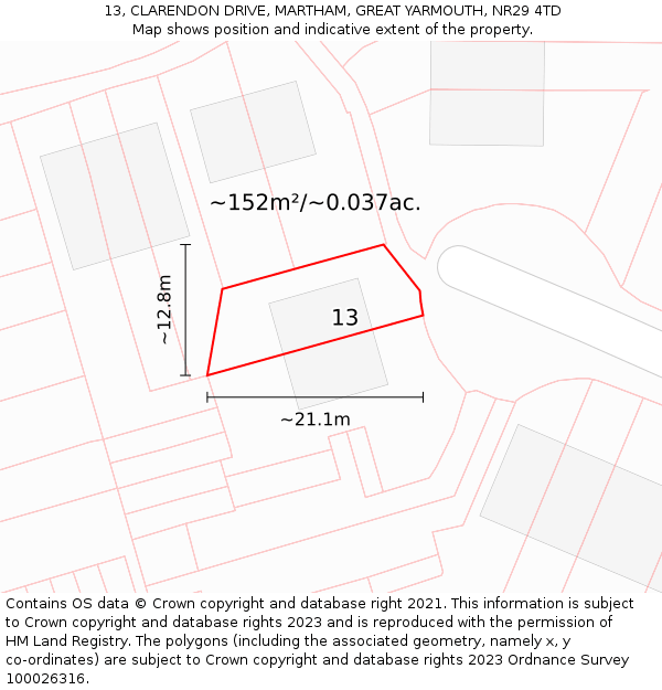 13, CLARENDON DRIVE, MARTHAM, GREAT YARMOUTH, NR29 4TD: Plot and title map