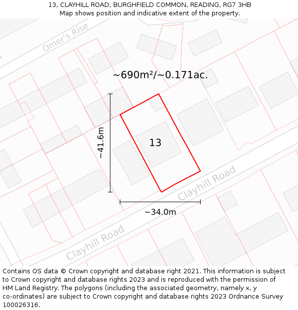 13, CLAYHILL ROAD, BURGHFIELD COMMON, READING, RG7 3HB: Plot and title map