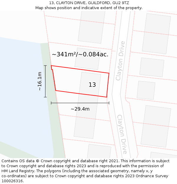 13, CLAYTON DRIVE, GUILDFORD, GU2 9TZ: Plot and title map