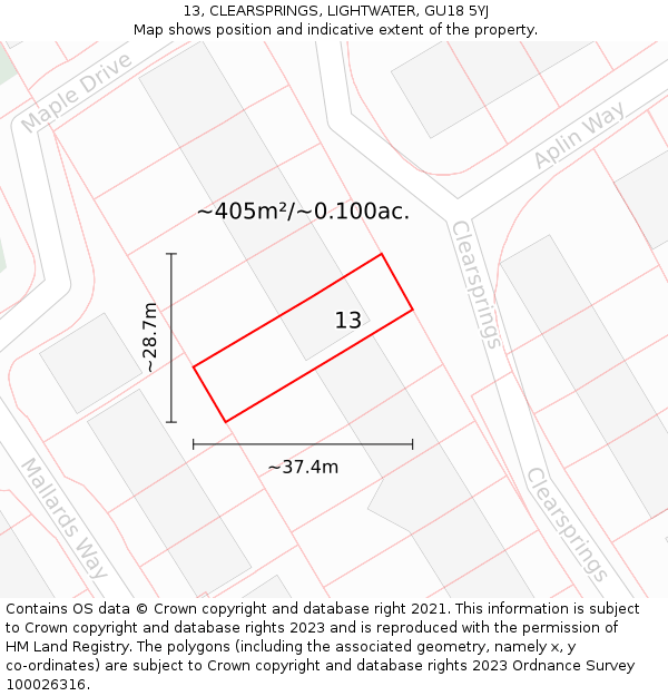 13, CLEARSPRINGS, LIGHTWATER, GU18 5YJ: Plot and title map