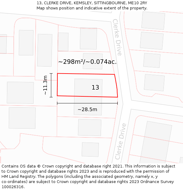 13, CLERKE DRIVE, KEMSLEY, SITTINGBOURNE, ME10 2RY: Plot and title map