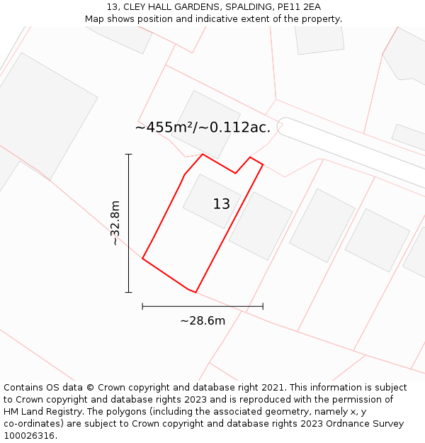 13, CLEY HALL GARDENS, SPALDING, PE11 2EA: Plot and title map