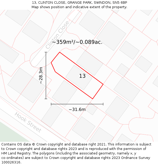 13, CLINTON CLOSE, GRANGE PARK, SWINDON, SN5 6BP: Plot and title map