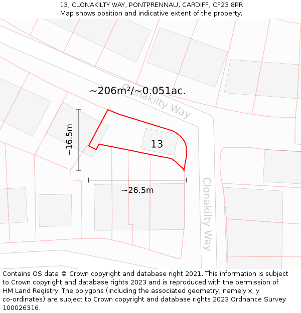 13, CLONAKILTY WAY, PONTPRENNAU, CARDIFF, CF23 8PR: Plot and title map