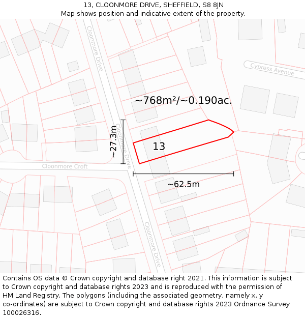 13, CLOONMORE DRIVE, SHEFFIELD, S8 8JN: Plot and title map