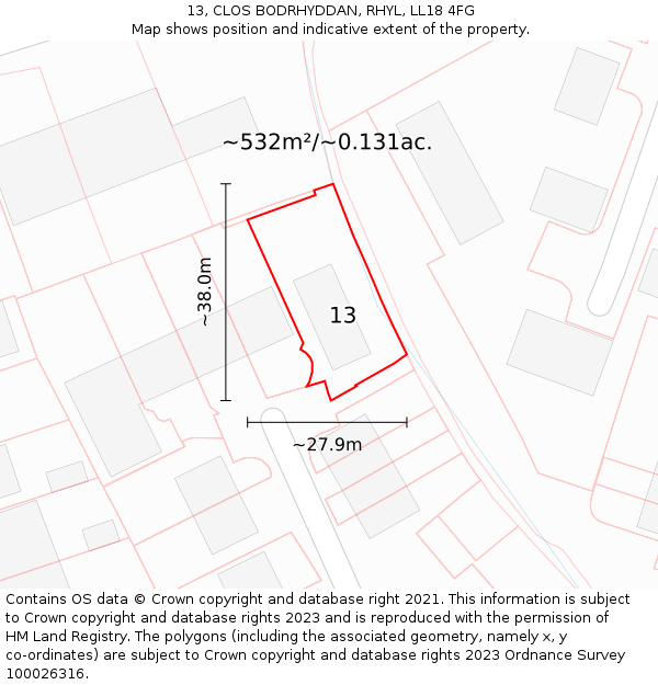 13, CLOS BODRHYDDAN, RHYL, LL18 4FG: Plot and title map