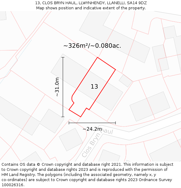 13, CLOS BRYN HAUL, LLWYNHENDY, LLANELLI, SA14 9DZ: Plot and title map