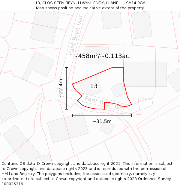 13, CLOS CEFN BRYN, LLWYNHENDY, LLANELLI, SA14 9GA: Plot and title map