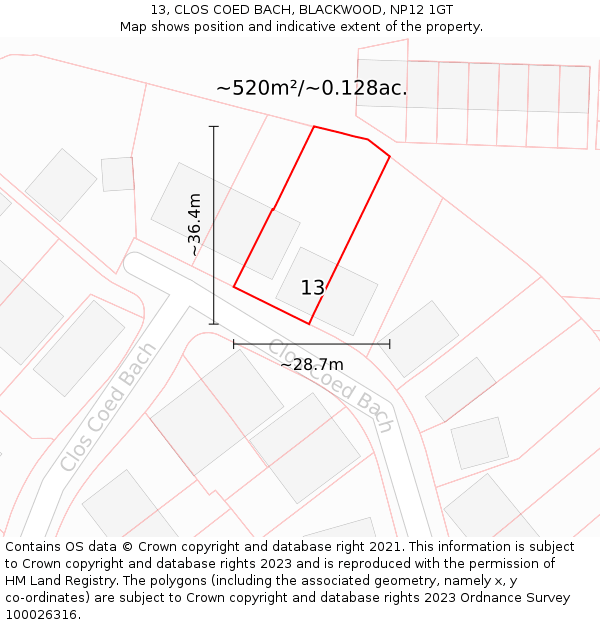 13, CLOS COED BACH, BLACKWOOD, NP12 1GT: Plot and title map