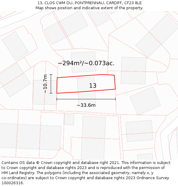 13, CLOS CWM DU, PONTPRENNAU, CARDIFF, CF23 8LE: Plot and title map