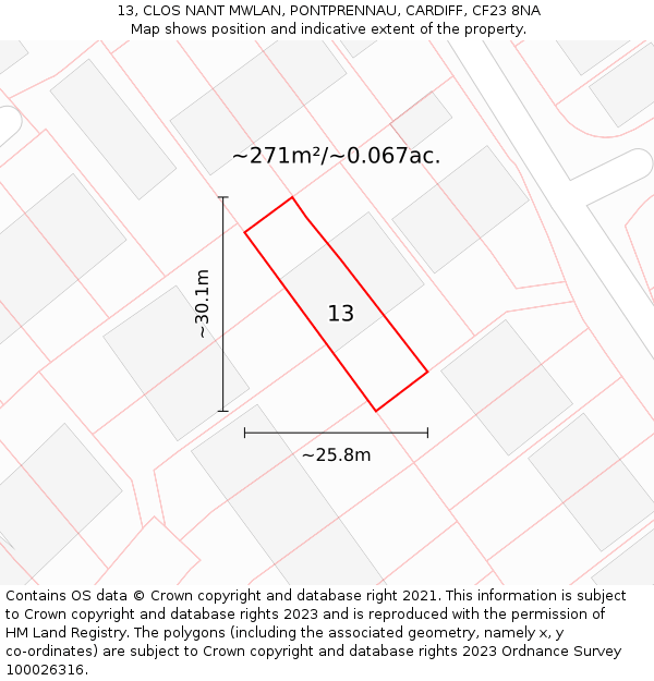 13, CLOS NANT MWLAN, PONTPRENNAU, CARDIFF, CF23 8NA: Plot and title map