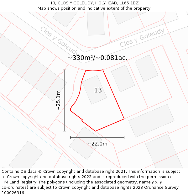 13, CLOS Y GOLEUDY, HOLYHEAD, LL65 1BZ: Plot and title map