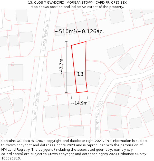 13, CLOS Y GWYDDFID, MORGANSTOWN, CARDIFF, CF15 8EX: Plot and title map