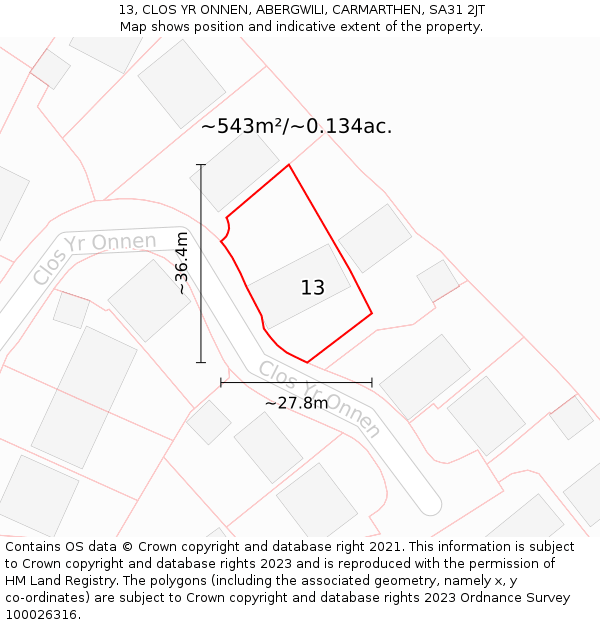 13, CLOS YR ONNEN, ABERGWILI, CARMARTHEN, SA31 2JT: Plot and title map