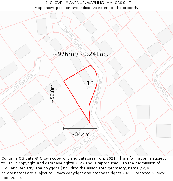 13, CLOVELLY AVENUE, WARLINGHAM, CR6 9HZ: Plot and title map