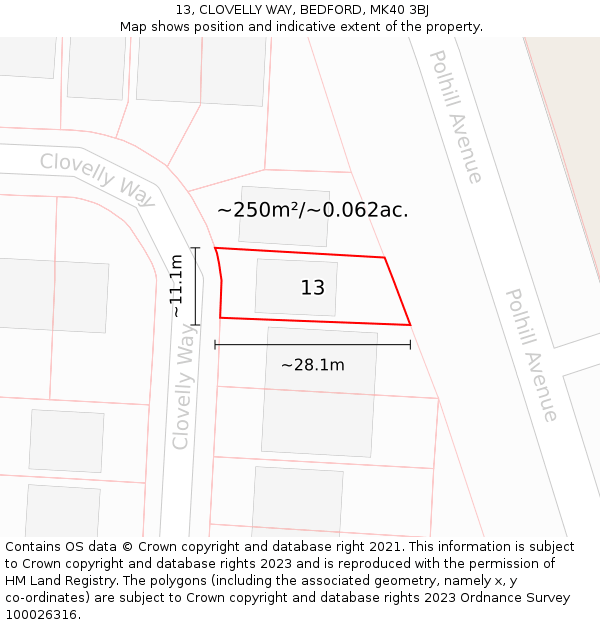 13, CLOVELLY WAY, BEDFORD, MK40 3BJ: Plot and title map