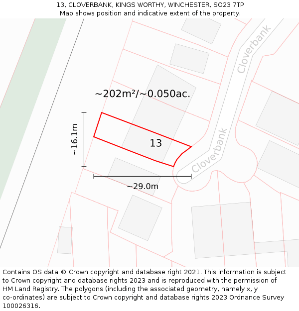 13, CLOVERBANK, KINGS WORTHY, WINCHESTER, SO23 7TP: Plot and title map