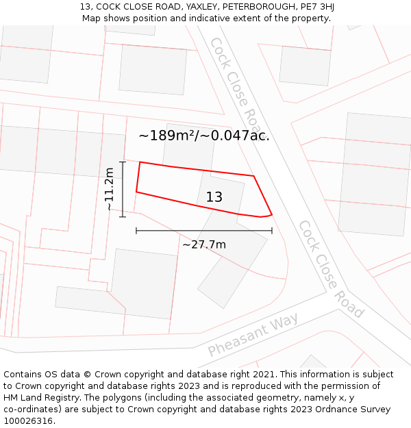 13, COCK CLOSE ROAD, YAXLEY, PETERBOROUGH, PE7 3HJ: Plot and title map