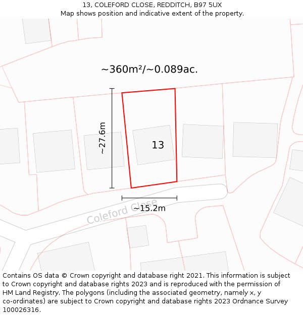 13, COLEFORD CLOSE, REDDITCH, B97 5UX: Plot and title map