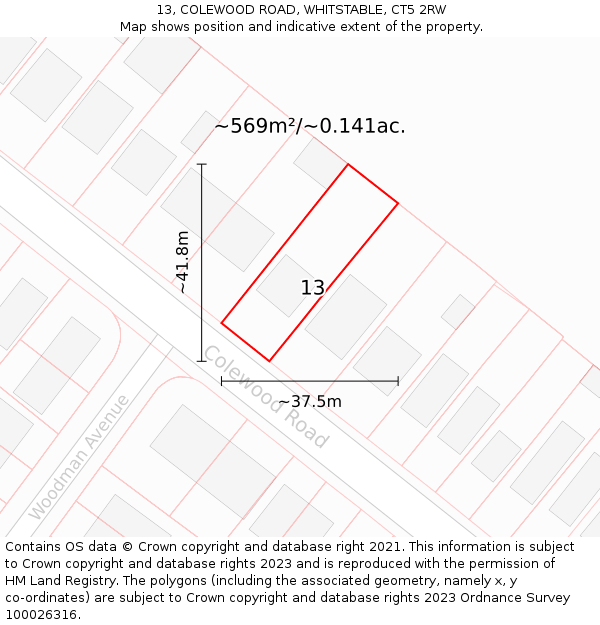 13, COLEWOOD ROAD, WHITSTABLE, CT5 2RW: Plot and title map