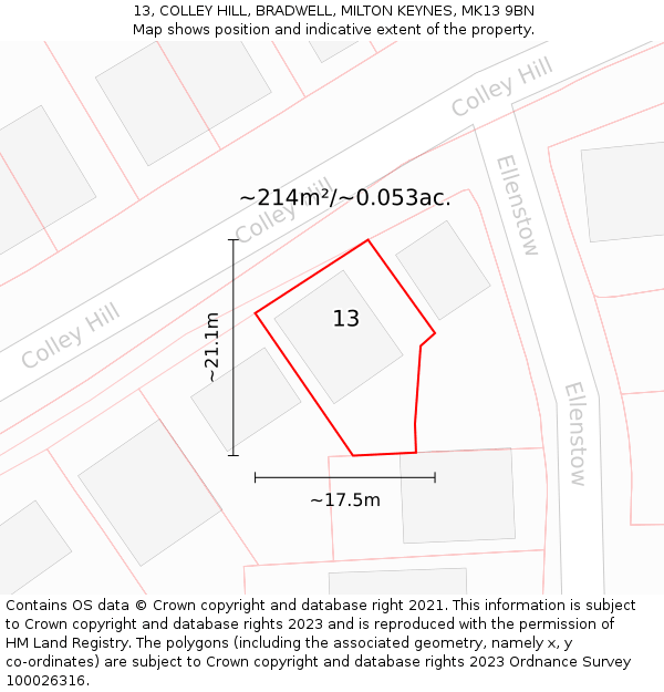 13, COLLEY HILL, BRADWELL, MILTON KEYNES, MK13 9BN: Plot and title map