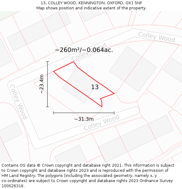 13, COLLEY WOOD, KENNINGTON, OXFORD, OX1 5NF: Plot and title map