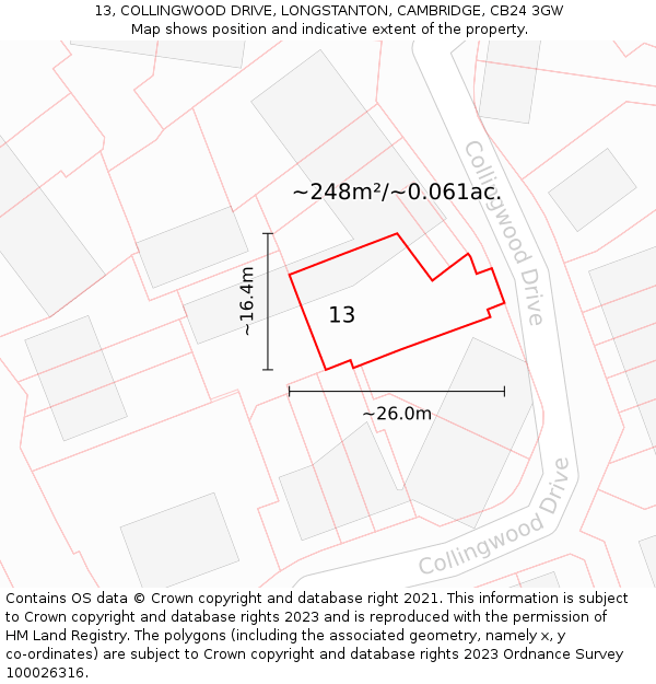 13, COLLINGWOOD DRIVE, LONGSTANTON, CAMBRIDGE, CB24 3GW: Plot and title map