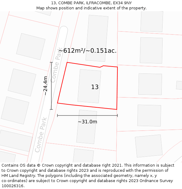 13, COMBE PARK, ILFRACOMBE, EX34 9NY: Plot and title map