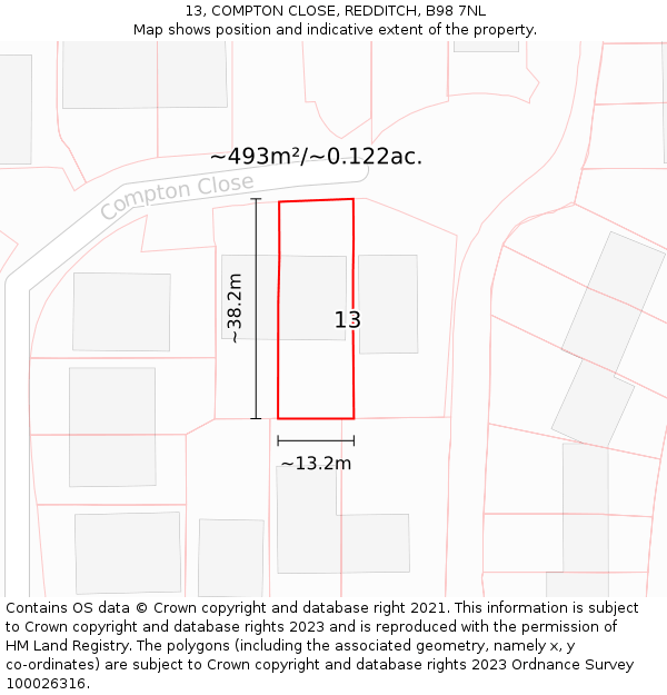 13, COMPTON CLOSE, REDDITCH, B98 7NL: Plot and title map