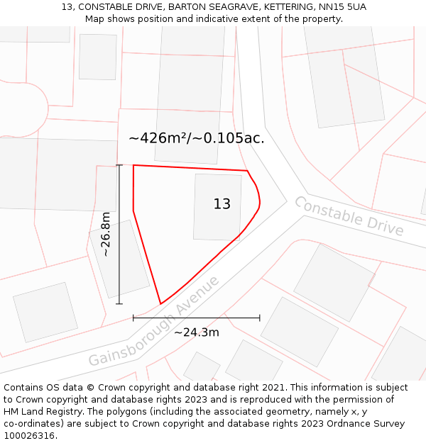 13, CONSTABLE DRIVE, BARTON SEAGRAVE, KETTERING, NN15 5UA: Plot and title map