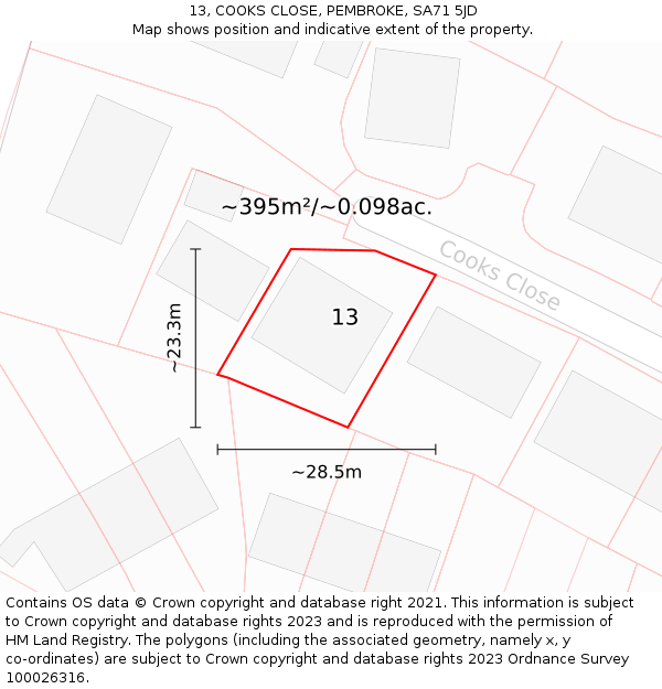 13, COOKS CLOSE, PEMBROKE, SA71 5JD: Plot and title map