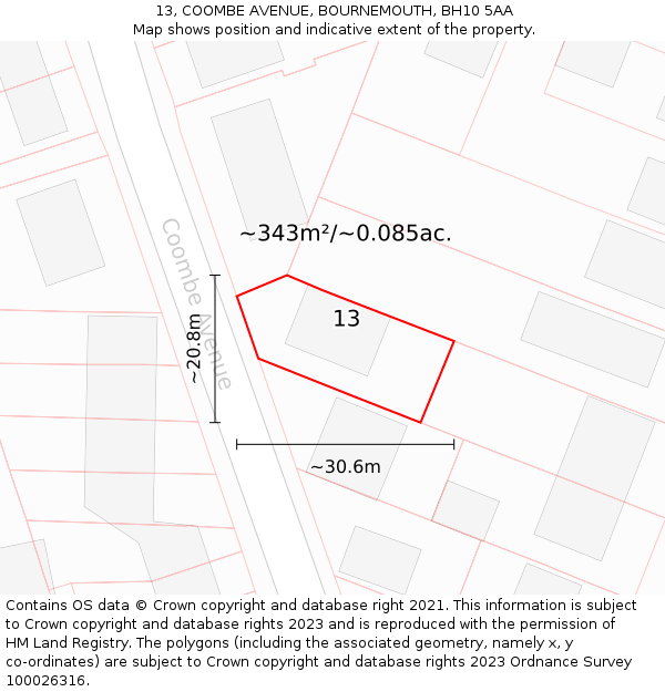 13, COOMBE AVENUE, BOURNEMOUTH, BH10 5AA: Plot and title map