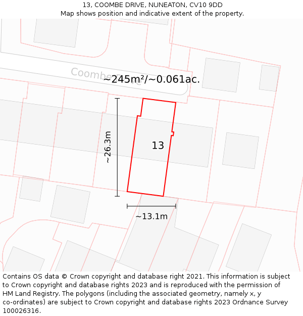 13, COOMBE DRIVE, NUNEATON, CV10 9DD: Plot and title map