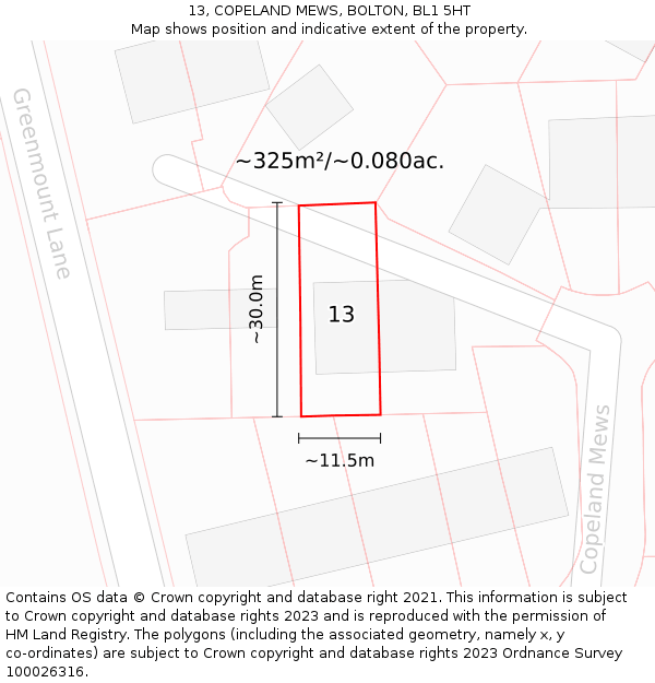 13, COPELAND MEWS, BOLTON, BL1 5HT: Plot and title map