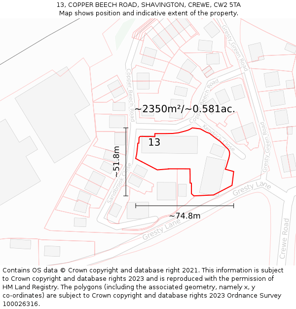 13, COPPER BEECH ROAD, SHAVINGTON, CREWE, CW2 5TA: Plot and title map