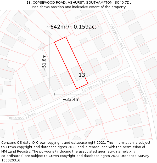 13, COPSEWOOD ROAD, ASHURST, SOUTHAMPTON, SO40 7DL: Plot and title map