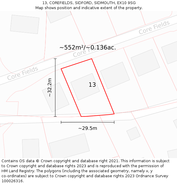 13, COREFIELDS, SIDFORD, SIDMOUTH, EX10 9SG: Plot and title map