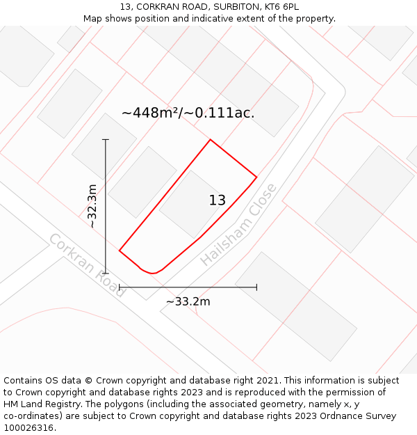 13, CORKRAN ROAD, SURBITON, KT6 6PL: Plot and title map