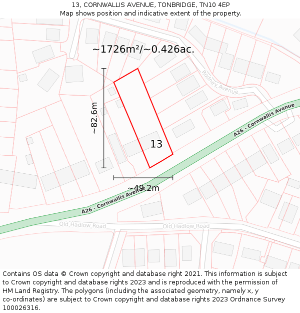 13, CORNWALLIS AVENUE, TONBRIDGE, TN10 4EP: Plot and title map