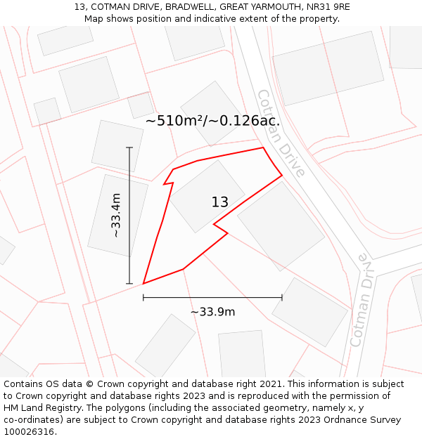13, COTMAN DRIVE, BRADWELL, GREAT YARMOUTH, NR31 9RE: Plot and title map