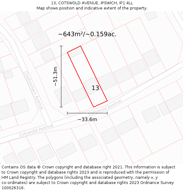 13, COTSWOLD AVENUE, IPSWICH, IP1 4LL: Plot and title map