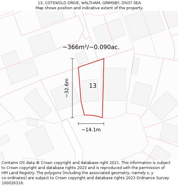 13, COTSWOLD DRIVE, WALTHAM, GRIMSBY, DN37 0EA: Plot and title map