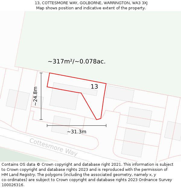 13, COTTESMORE WAY, GOLBORNE, WARRINGTON, WA3 3XJ: Plot and title map