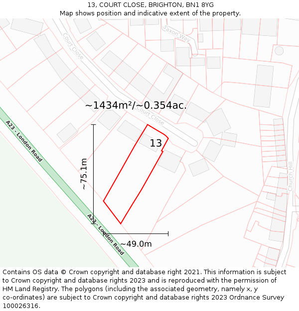 13, COURT CLOSE, BRIGHTON, BN1 8YG: Plot and title map