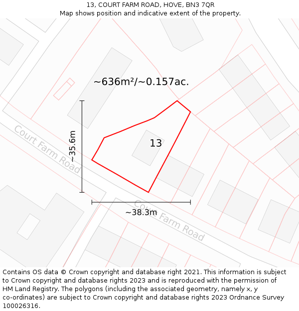 13, COURT FARM ROAD, HOVE, BN3 7QR: Plot and title map