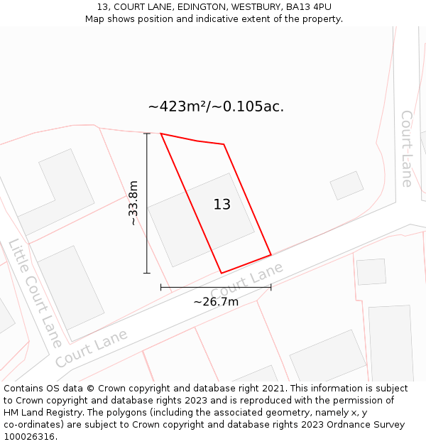 13, COURT LANE, EDINGTON, WESTBURY, BA13 4PU: Plot and title map